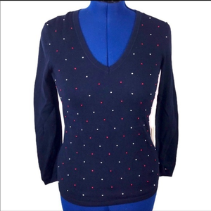 Tommy Hilfiger XS navy red & white dots v neck‎ 100% cotton long sleeve sweater
